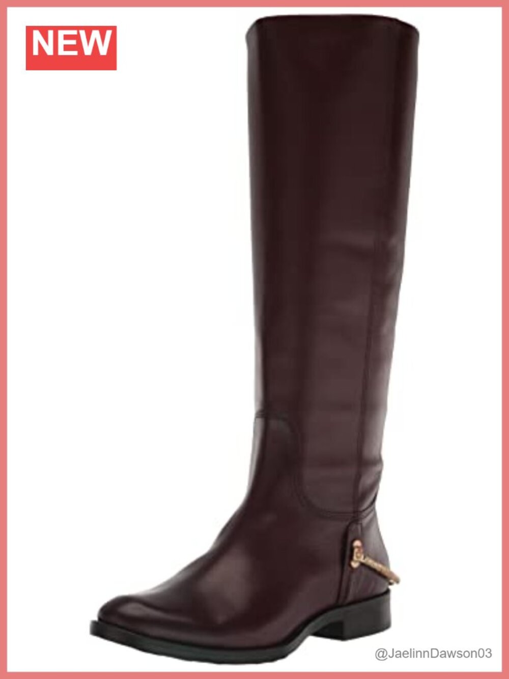 Leather Knee High Boots with Side Zip and Metallic Strap Detail